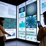 **

A vibrant, interactive Data Art installation at a Bangkok art gallery, showcasing environmental data (e.g., air quality). Thai visitors are engaging with the artwork, perhaps touching sensors or observing projections, with a backdrop of modern Thai architecture. The overall atmosphere should be visually stunning and evoke a sense of environmental awareness.

**