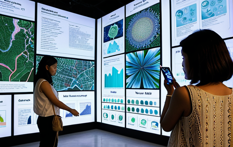 **

A vibrant, interactive Data Art installation at a Bangkok art gallery, showcasing environmental data (e.g., air quality). Thai visitors are engaging with the artwork, perhaps touching sensors or observing projections, with a backdrop of modern Thai architecture. The overall atmosphere should be visually stunning and evoke a sense of environmental awareness.

**