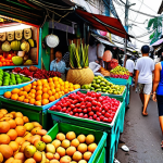 **Vibrant Thai street market, overflowing with colorful fruits, digital art style.** (Inspired by finding inspiration in everyday life and culture.)