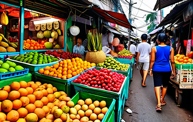 **Vibrant Thai street market, overflowing with colorful fruits, digital art style.** (Inspired by finding inspiration in everyday life and culture.)